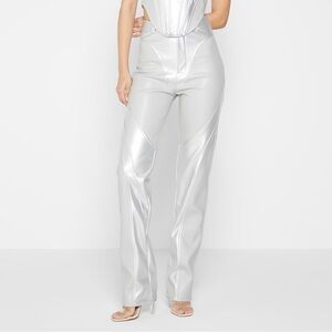 Maniere De Voir NWT Gray Silver Faux Leather Metallic High Waist Trousers Pants